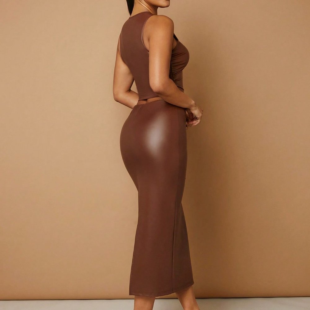 Brown Casual Womens Solid PU Leather Tank Top & Pencil Skirt - Picture 2 of 6